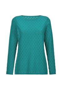 Türkisfarbener langärmeliger Strickpullover mit diamantförmigem Lochmuster und rundem Ausschnitt, dargestellt vor weißem Hintergrund.