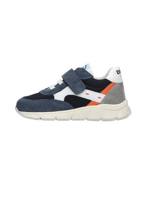 Child's sporty sneaker with blue suede, black mesh, white and orange accents, Velcro strap, and off-white sole against white background.