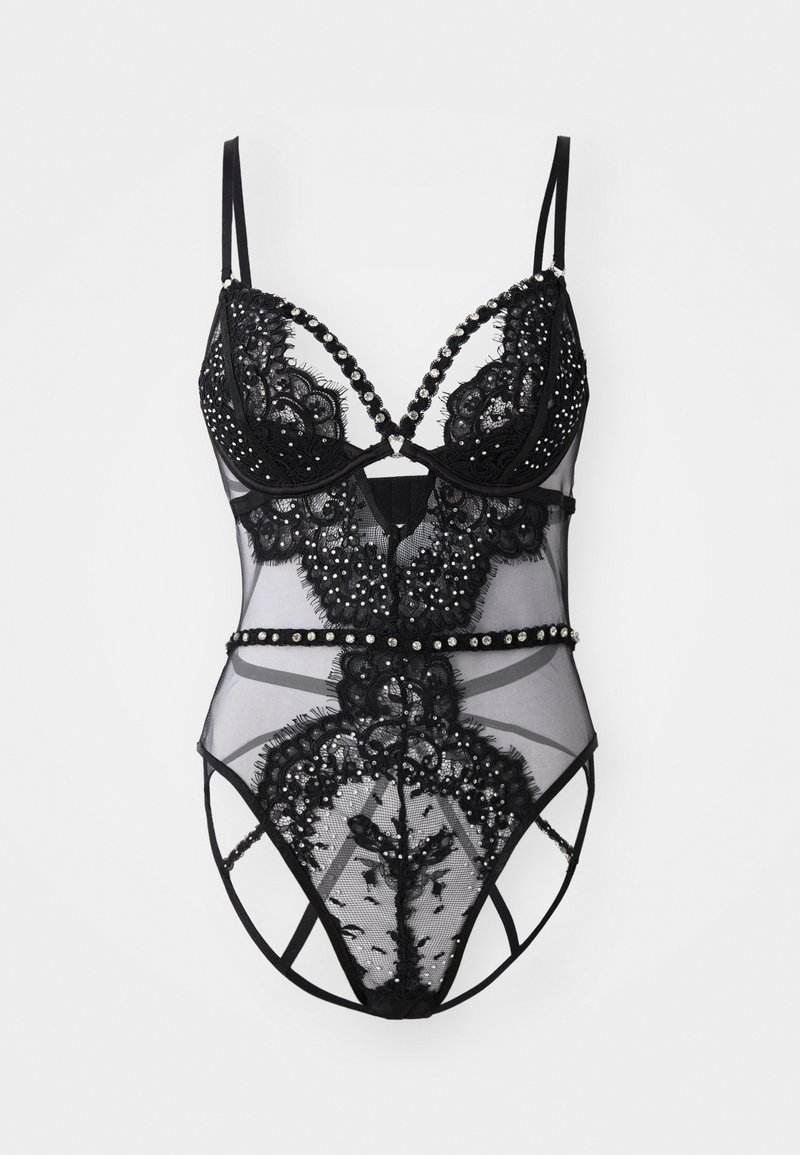 Svart body med blomstrende blonde mønstre, gjennomsiktig stoff, perlede detaljer, justerbare stropper og utskjæringsdesign for et dristig utseende.