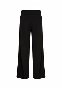 Pantalons noirs à large jambe avec une taille élastique, lisse et extensible. Fabriqués dans un matériau léger sans motifs ni éléments métalliques visibles.