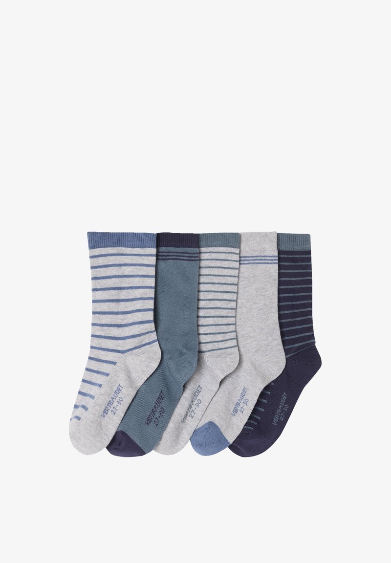 Five pairs of reinforced cotton socks in shades of grey and blue. Features include ribbed cuffs and various horizontal stripe patterns.