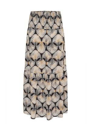 Black skirt with white and gold leaf pattern, gathered waistband, flowing design, and tiered hem detail. Fabric appears lightweight and soft.