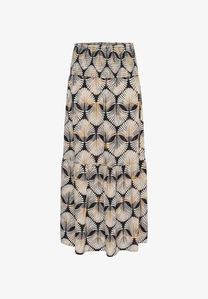 Gonna nera con motivo di foglie bianche e oro, vita arricciata, design fluido e dettagli a balze. Il tessuto appare leggero e morbido.