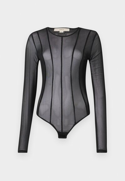 Melnas garām piedurknēm bodijs, kas izgatavots no caurspīdīga auduma ar vertikālu svītrotu dizainu. Iezīmē apļa kaklu un pieguļošu siluetu.