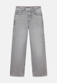 Lichtgrijze denim wijde pijpen jeans met een hoge taille, vijf zakken, tonal stitching en een knoopsluiting met een contrasterende tailleband.