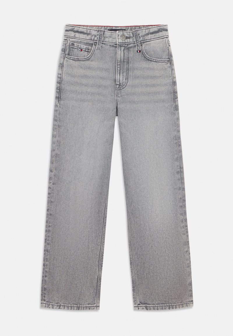 Lichtgrijze denim wijde pijpen jeans met een hoge taille, vijf zakken, tonal stitching en een knoopsluiting met een contrasterende tailleband.