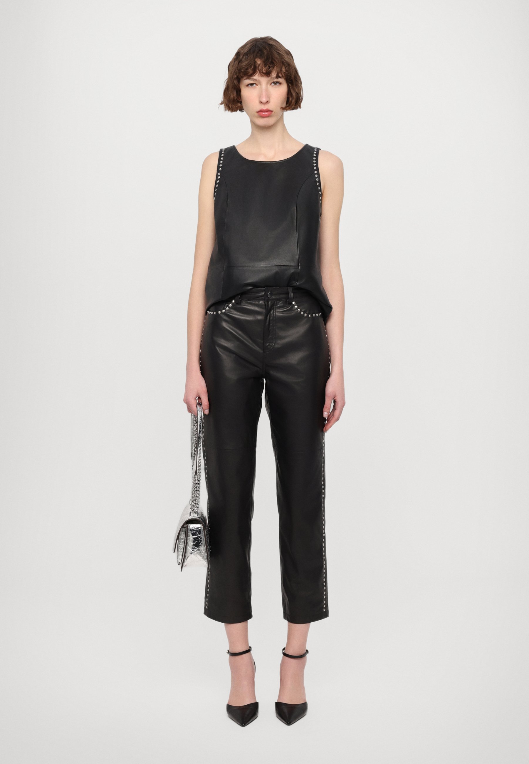 SHIKITARI STUDDED LEATHER PANTS 【BLACK】 STUDIO ID JETT STUDDED - Leather trousers - black - Zalando