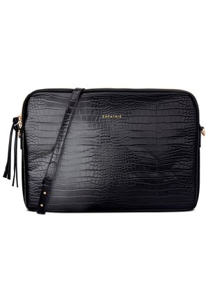 Black leather bag with a textured crocodile pattern, featuring a zip closure and a detachable shoulder strap. Gold brand logo visible.