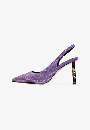 Purple slingback high-heeled shoe with rhinestone embellishments, pointed toe, and uniquely shaped metallic heel. Smooth texture.