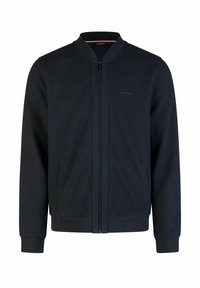 Marineblaue Zip-Jacke aus weichem Baumwollmix. Verfügt über einen runden Kragen, zwei Fronttaschen, gerippte Bündchen und ein dezentes Logo auf der Brust.