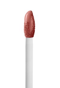 Lippenglossapplikator mit einem weißen Griff und einer flauschigen, pinken Spitze, beschichtet mit einem glänzenden rosafarbenen Produkt. Verfügt über ein strukturiertes Borsten-Design.
