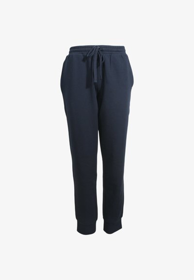 Pantaloni da tuta blu navy realizzati in tessuto morbido, con una vita elastica e cordoncino, gambe affusolate e polsini a coste.