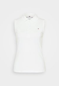 Valkoinen hihaton poolopaita, jossa on klassinen kaulus, viiden napin nappilista ja pieni logo vasemmassa rinnassa. Sujuva pinta.