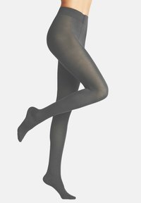 Collant grigi con una texture liscia, materiale trasparente e una cintura elastica; arrivano a metà polpaccio e presentano una punta chiusa.