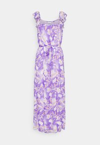 Vestido longo floral roxo com mangas franzidas, decote quadrado e detalhe de laço na cintura. Apresenta um tecido leve e fluido com texturas suaves.