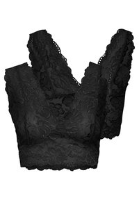 Zwarte kant bralette met bloemenpatroon, brede banden, geschulpte randen en een zachte, gestructureerde afwerking. Geen beugels of vulling.