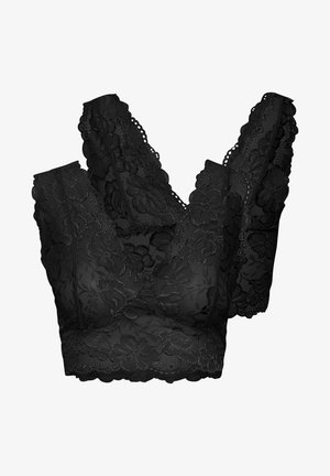 Musta pitsinen bralette kukkakuviolla, leveillä olkaimilla, aaltoilevilla reunoilla ja pehmeällä, teksturoidulla pinnalla. Ei muotorautoa tai pehmustetta.