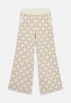 Pantalons larges de couleur crème clair avec un motif brun répétitif. Fabriqués en matériau doux, avec une taille à cordon de serrage et des poches latérales.