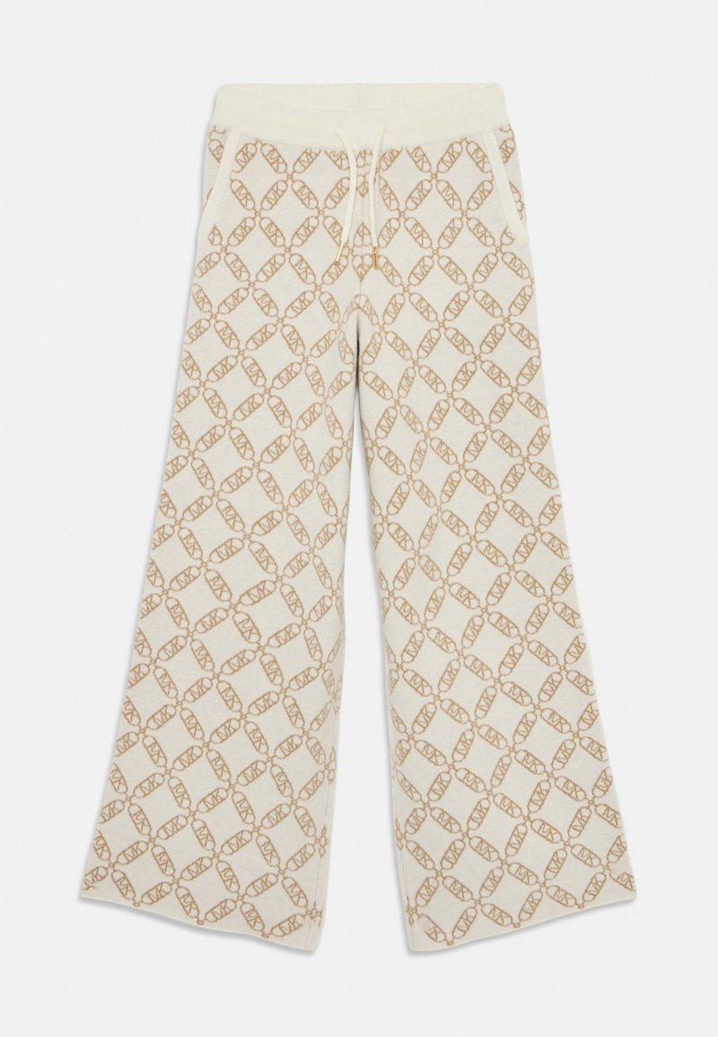 Pantalons larges de couleur crème clair avec un motif brun répétitif. Fabriqués en matériau doux, avec une taille à cordon de serrage et des poches latérales.