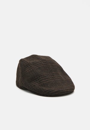 Flat cap in dark brown wool blend with subtle lighter stripes. Rounded peak and soft texture. Structured fit, classic design.