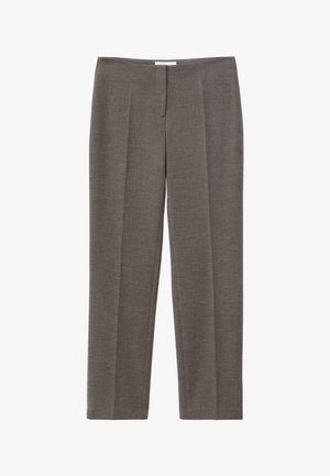 Grijze jurkbroek met rechte pijpen, voorplooien, tailleband en verborgen sluiting aan de voorkant, weergegeven op een witte achtergrond.