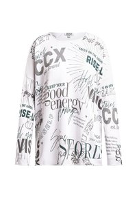 Weißes Langarmhemd mit verstreut handgeschriebenen und gedruckten motivierenden Wörtern und Phrasen in Schwarz und Grün.