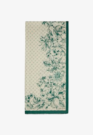 Foulard rectangulaire avec des motifs floraux verts le long d'un bord, de petites formes géométriques sur fond crème, et une bordure verte.