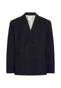 Schwarzer doppelt geknöpfter Blazer mit vier Knöpfen, Schößchen, zwei vorderen Taschen und weiß gestreiftem Innenfutter.