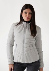 Šviesiai pilkas pūkinis švarkas su aukštu apykakle, siūtu tekstūru ir užtrauktukais uždaromomis kišenėmis. Savybės: prigludusi konstrukcija ir elegantiška siluetas.