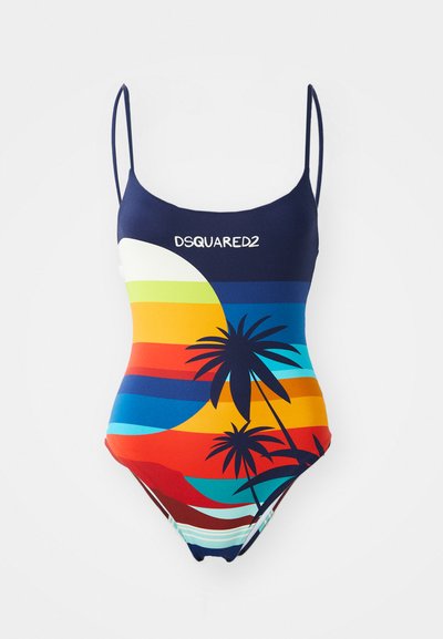 Tumesin ühes tükis ujumisriided värviliste triipudega ja palmipuu graafikaga. Rinnas on logo ning õhukesed reguleeritavad õlapaelad.