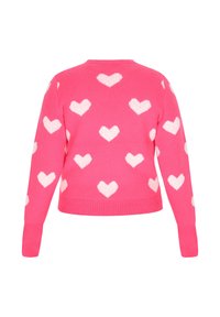 Maglione rosa lavorato a maglia con motivi a cuore bianchi, scollo rotondo e maniche lunghe; orlo e polsini a costine. Texture morbida, vestibilità corta.