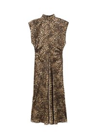 Vestido largo sin mangas con cuello alto y estampado de leopardo, que presenta sutiles frunces en la cintura para dar forma.