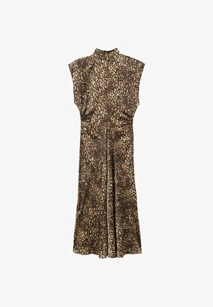 Sleeveless long dress with high neckline and leopard print pattern, featuring subtle gathers at the waist for shape.