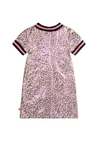 Leopardi-kuvioinen mekko kiiltävässä kullassa ja violetissa. Lyhyet hihat mustilla ja vaaleanpunaisilla ribbikoristuksilla. Takana vetoketjusuljenta, pehmeä rakenne.