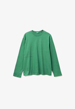 Grünes langärmliges Shirt mit Rundhalsausschnitt und kleinem aufgedrucktem Markennamen auf der unteren linken Vorderseite.