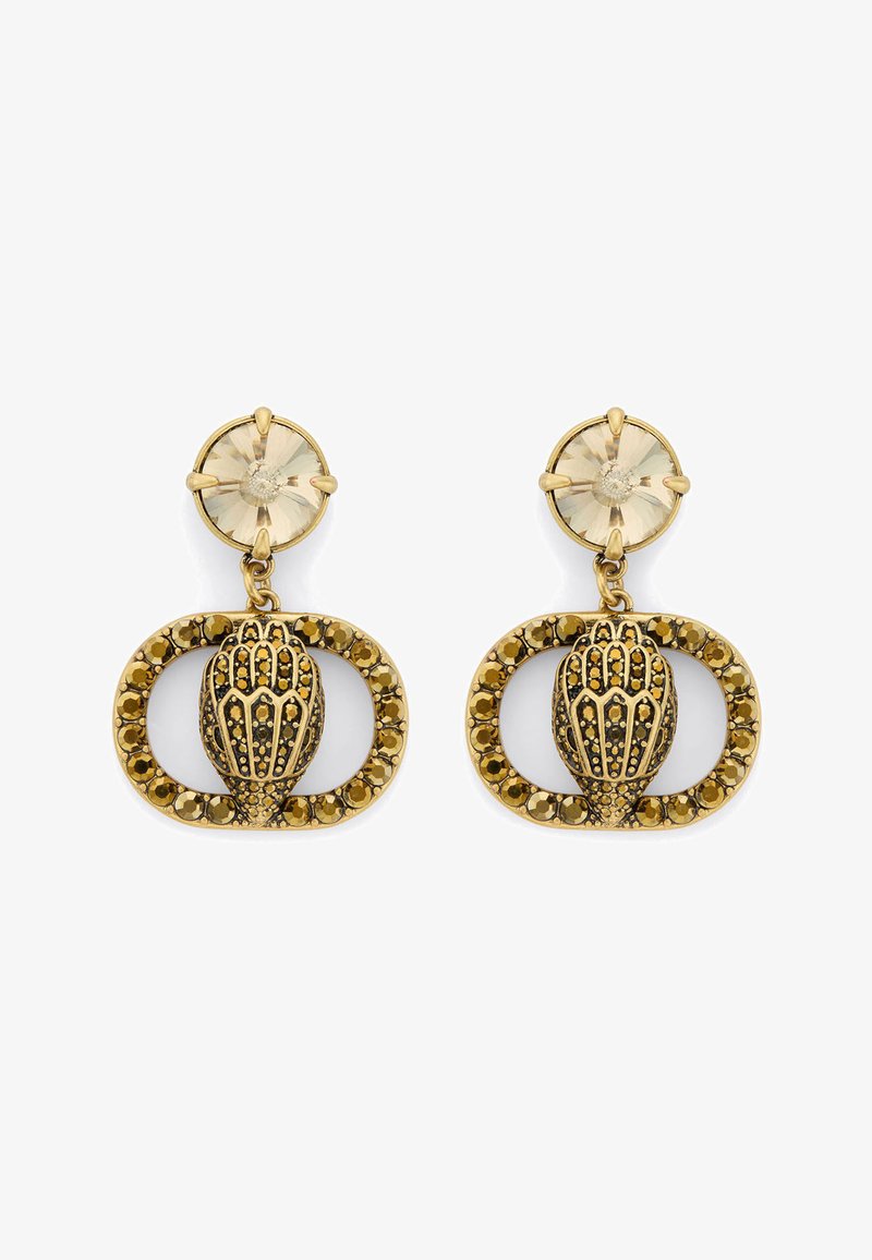 Boucles d'oreilles dorées avec des pierres supérieures rondes facettées, des montures ovales ornées de petits cristaux bruns, et des designs centraux ornés en forme de coquillage.