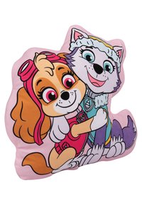 Cuscino con due cani dei cartoni animati, uno marrone con occhiali rosa e l'altro grigio con un cappello blu, su uno sfondo rosa.