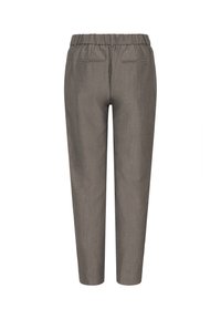 Pantalon marron droit avec taille élastique et deux poches passepoilées au dos, présenté de dos sur un fond blanc.