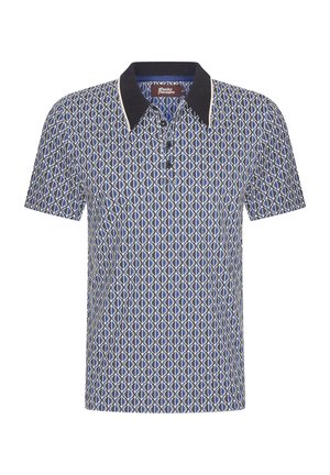 Poloshirt mit kurzen Ärmeln in Marineblau mit einem geometrischen Muster in Creme und Blau. Weicher Stoff, klassischer Kragen mit kontrastierenden schwarzen Akzenten.