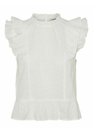 Top bianco con maniche corte arricciate, scollatura rotonda e una piccola chiusura a bottone sul retro. Tessuto testurizzato con dettagli tagliati al laser.