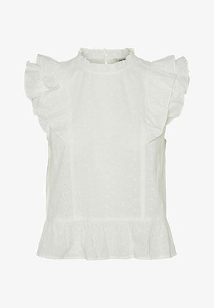 Top bianco con maniche corte arricciate, scollatura rotonda e una piccola chiusura a bottone sul retro. Tessuto testurizzato con dettagli tagliati al laser.