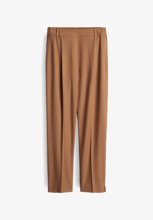 Braune Hose aus weichem Stoff mit breitem Bund, plissiertem Design und schmal zulaufenden Beinen. Keine Taschen oder sichtbare Beschläge.