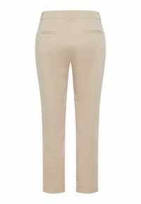 Beiga bomullsbyxor med slim fit, slät front och två bakfickor; kort längd med en mjuk textur och rena linjer.