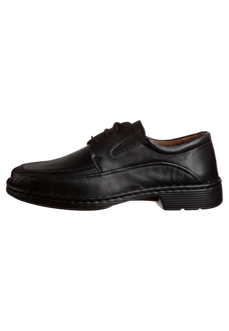 Zapato de vestir para hombre, negro, de cuero, con cordones, tacón bajo, punta redonda y detalles de costura sutiles.