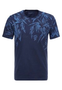 Navy blue t-shirt with a leaf pattern in a lighter blue, short sleeves, and a crew neckline. Made of smooth, lightweight fabric.