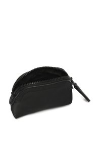 Black zippered pouch with a smooth texture, rounded shape, and fabric exterior. Features a contrasting zipper and a small pull tab.