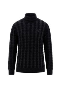 Pull noir en maille avec col roulé, présenté avec un motif torsadé texturé et des poignets et ourlet côtelés. Petite étiquette de logo sur la poitrine.