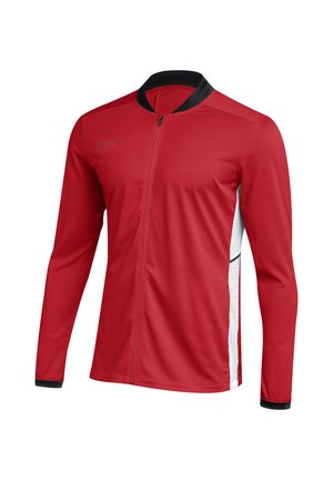 Rote Sportjacke mit langen Ärmeln, schwarzem Kragen und Bündchen, weißen Seitenteilen und kleinem grauem Nike-Logo auf der Brust.