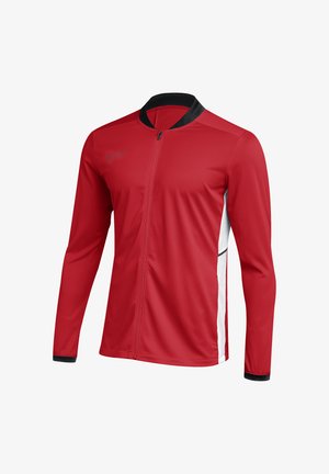 Rote Sportjacke mit langen Ärmeln, schwarzem Kragen und Bündchen, weißen Seitenteilen und kleinem grauem Nike-Logo auf der Brust.