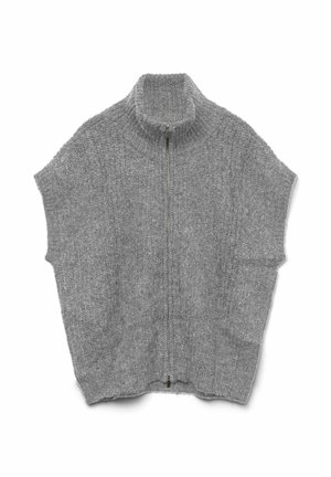Grijze gebreide mouwloze zip-up sweater met een hoge kraag, textuurstof en geribde randen op de kraag en onderkant.